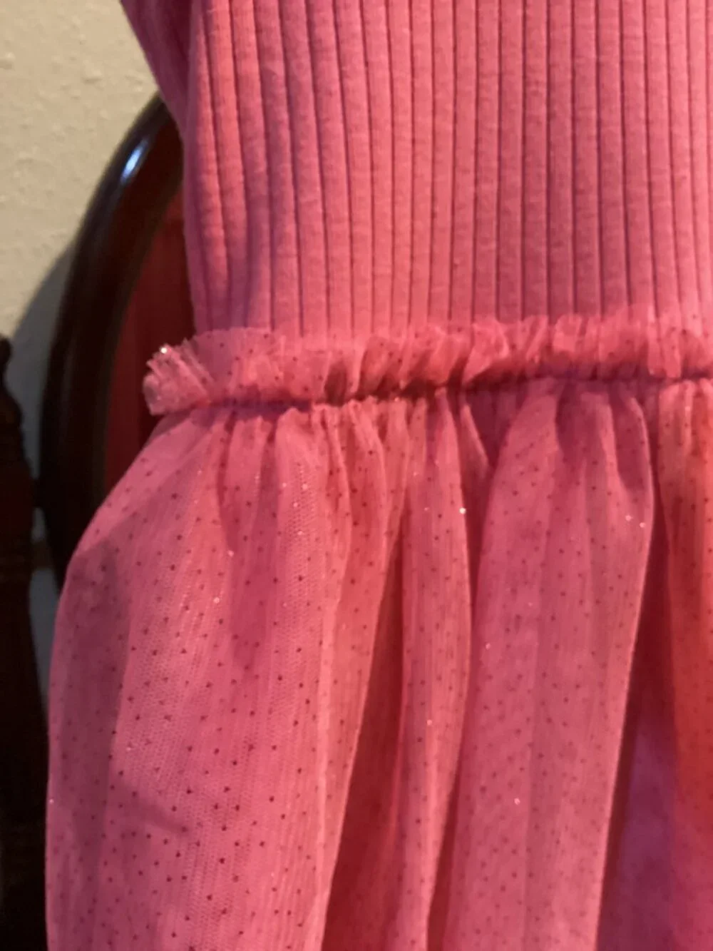 Girls Pink Ribbed Sparkle Tulle Short Sleeve Party Dress